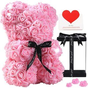 Rose Flower Bear Hand Made Rose Teddy Bear w/Clear Clear Gift Box 10 Inch (Pink)